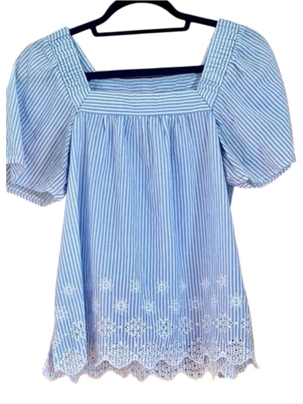 LOFT Blue White Stripe Eyelet Embroidered Square Neck Puff Sleeve Cotton Top S